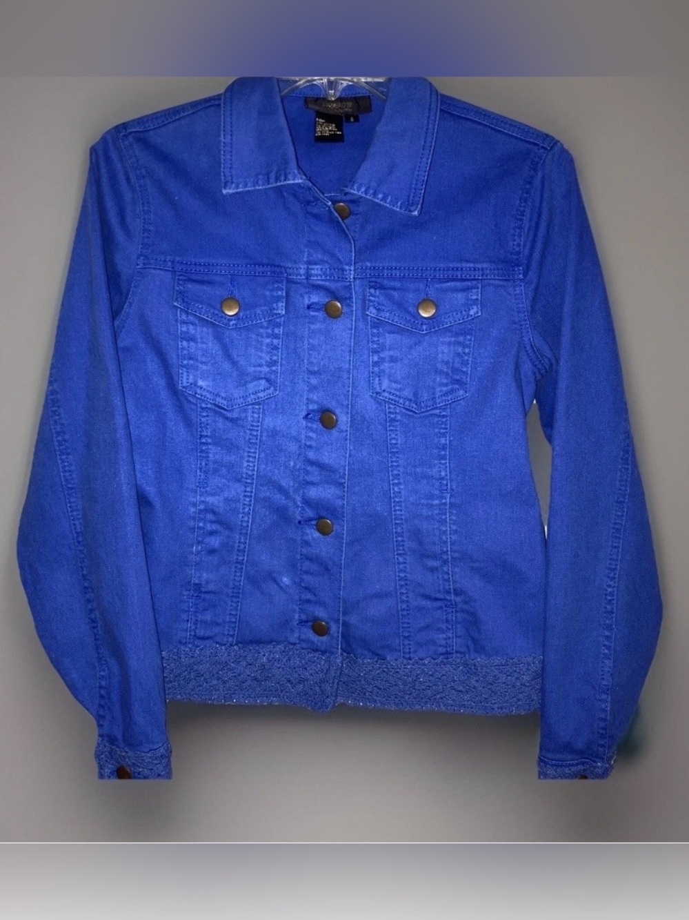 Twiggy London Indigo Blue Denim Jacket Button Up Western Boho Lace Hem Sz Small